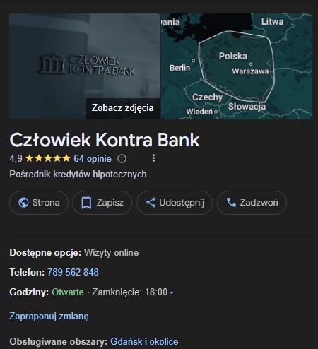 Wizytówka firmy 'Człowiek Kontra Bank' z logo przypominającym grecką kolumnę, mapą Polski i informacjami kontaktowymi.