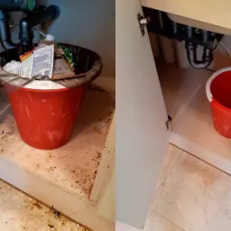 Porównanie stanu pod zlewem kuchennym przed i po sprzątaniu: po lewej śmieci i zabrudzenia, po prawej czysto i ustawione wiadro.