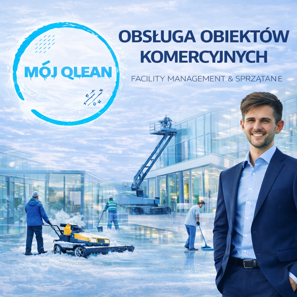 Obsługa obiektów komercyjnych: mężczyzna w garniturze, ekipa sprzątająca śnieg i myjąca posadzkę, podnośnik koszowy na tle nowoczesnego biurowca.