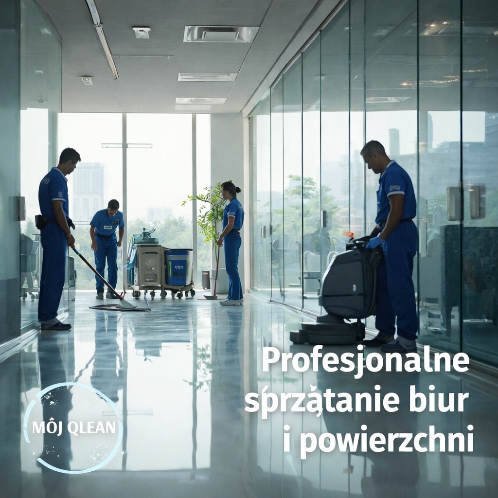 Zespół sprzątający w niebieskich uniformach poleruje podłogę w nowoczesnym biurze z przeszklonymi ścianami. Widoczny sprzęt do czyszczenia i logo firmy.