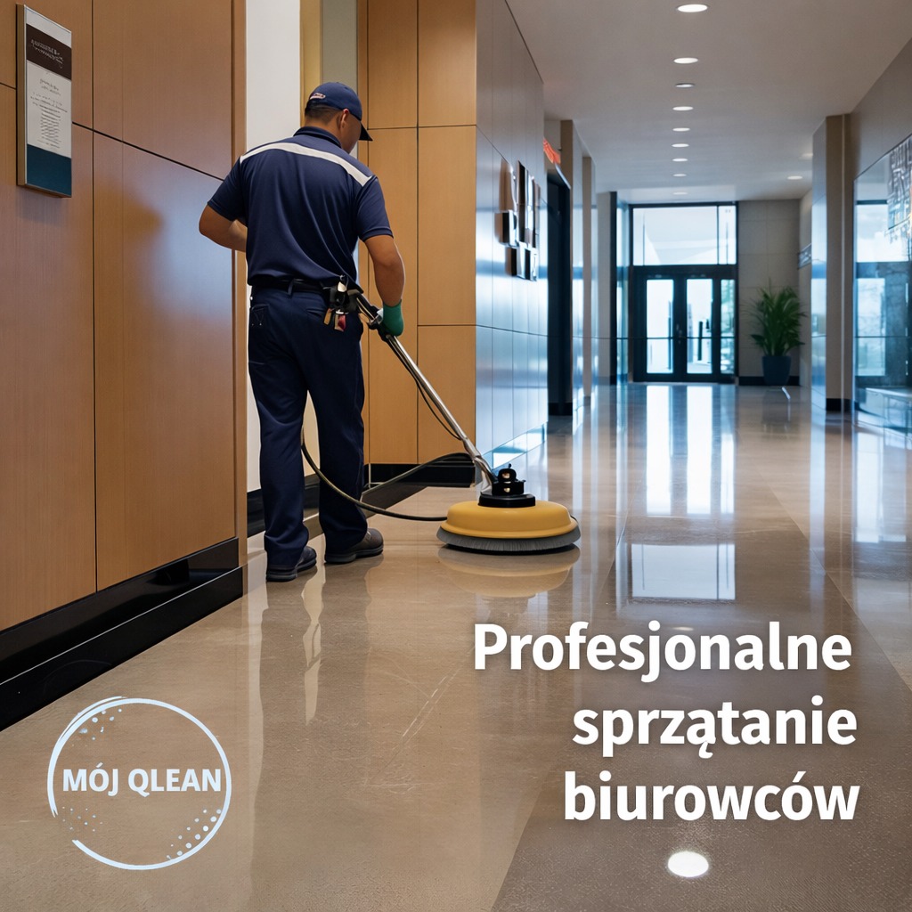Pracownik w uniformie czyści polerką błyszczącą podłogę w korytarzu biurowca. Widoczny napis 'Profesjonalne sprzątanie biurowców' i logo firmy.