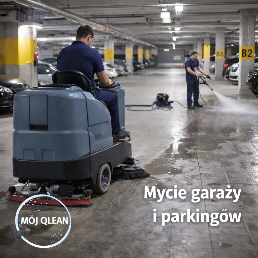 Mycie posadzki w garażu podziemnym. Pracownik obsługuje maszynę czyszczącą, drugi używa myjki ciśnieniowej. Widoczne mokre ślady po czyszczeniu.