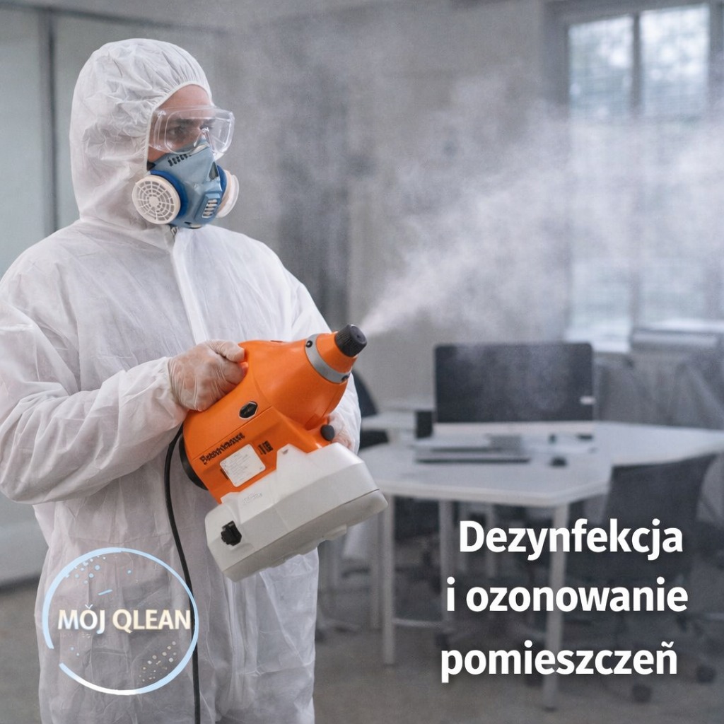Osoba w kombinezonie ochronnym dezynfekuje pomieszczenie za pomocą pomarańczowego urządzenia rozpylającego, widoczny stół z laptopem w tle.