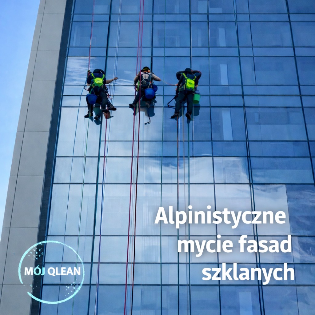 Alpinistyczne mycie szklanej fasady biurowca w Poznaniu. Trzech pracowników na linach, w uprzężach, czyści okna. Widok z dołu, błękitne niebo w tle.