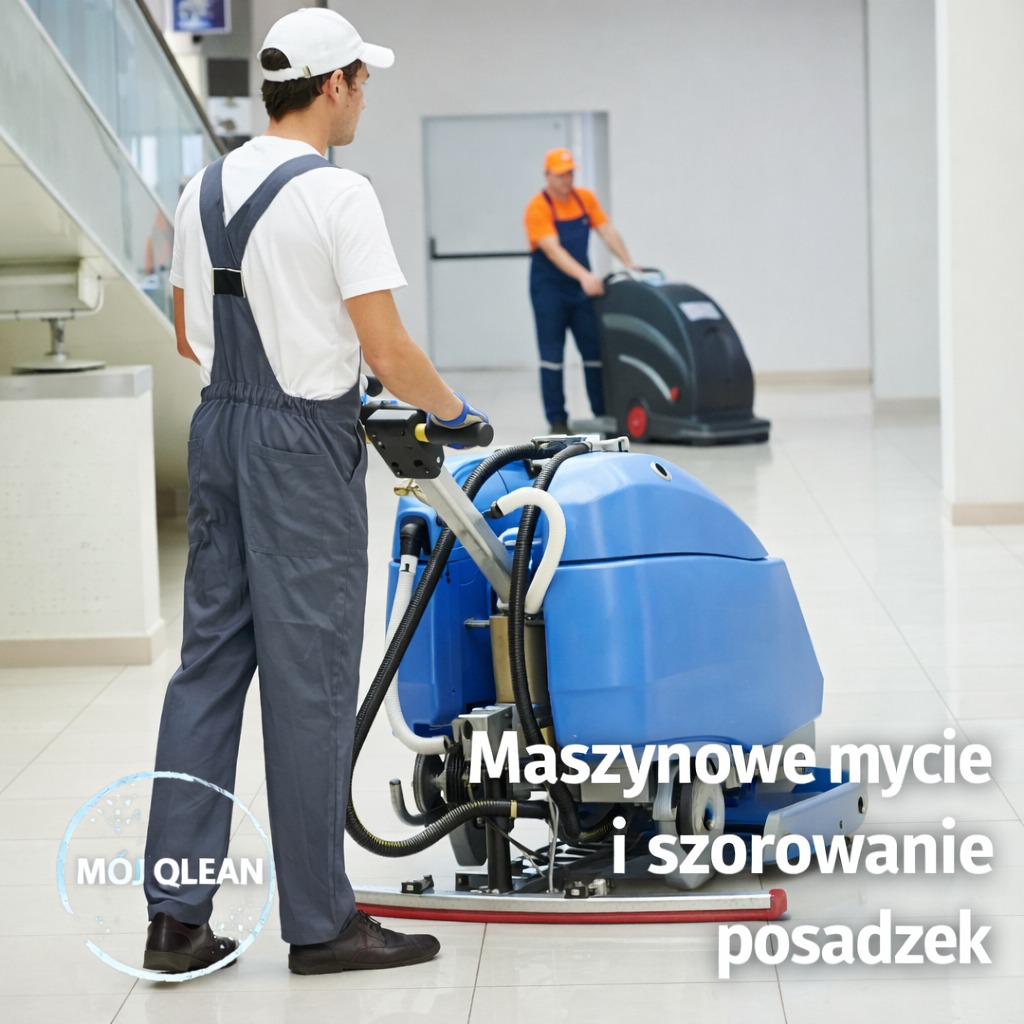 Pracownik w kombinezonie obsługuje maszynę do mycia podłóg w jasnym wnętrzu. W tle drugi pracownik z podobnym sprzętem. Widoczny napis 'Maszynowe mycie i szorowanie posadzek'.