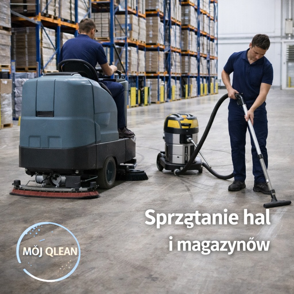 Sprzątanie hali magazynowej: pracownik na maszynie czyszczącej i drugi z odkurzaczem przemysłowym. Widoczne regały magazynowe w tle. Profesjonalne usługi porządkowe.