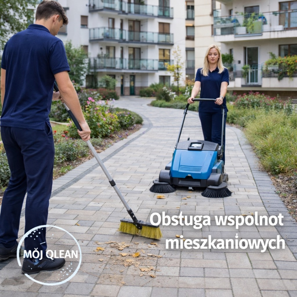 Dwie osoby sprzątają chodnik przed budynkiem mieszkalnym. Jedna osoba używa zamiatarki, druga tradycyjnej miotły. Widoczne liście i logo firmy.
