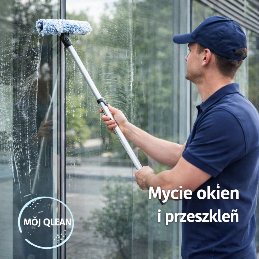 Mężczyzna w niebieskiej czapce myje okno z zewnątrz za pomocą mopa na długim kiju. Widoczne smugi wody i piany na szybie. W tle zieleń.