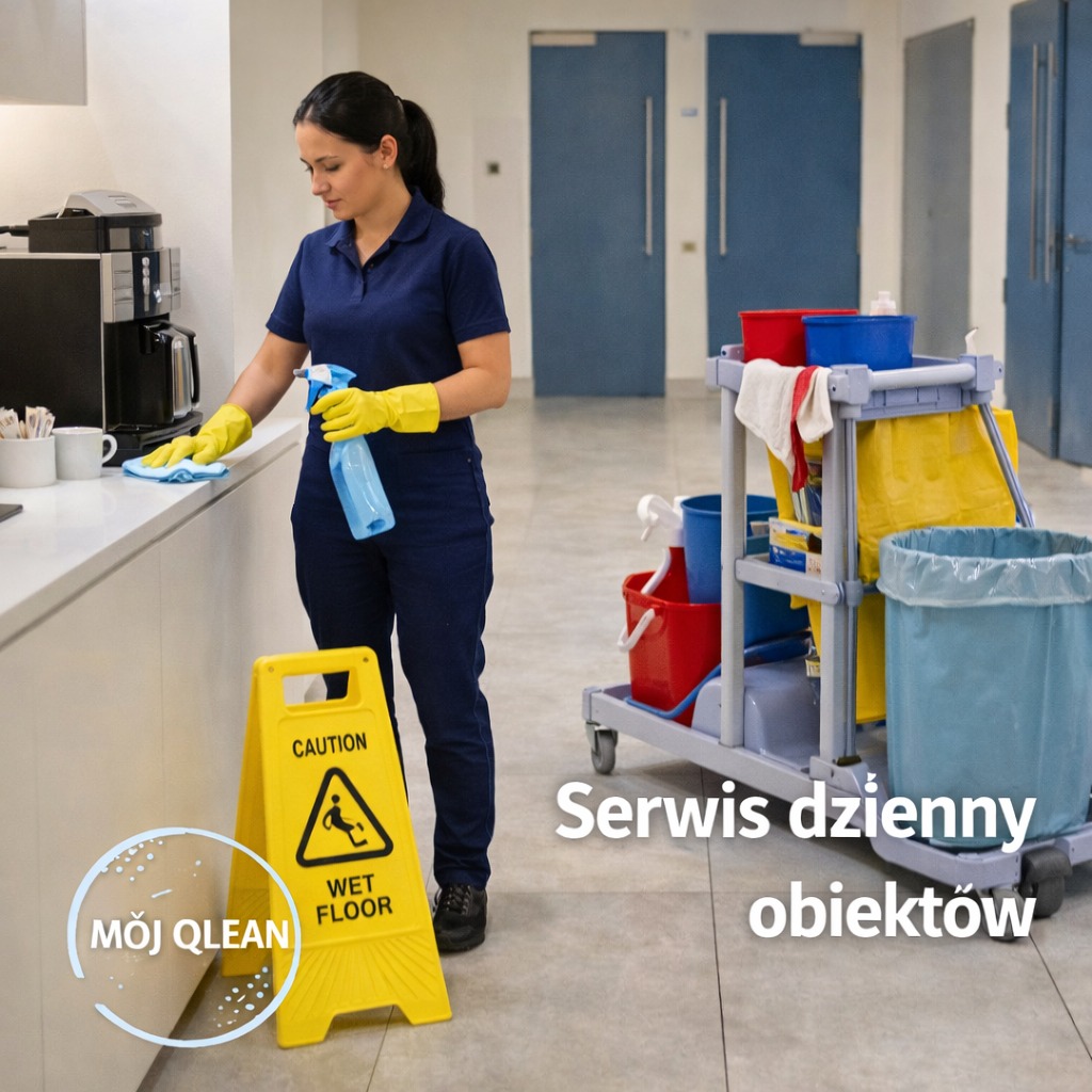 Pracownica w uniformie czyści blat w biurze, obok wózek z akcesoriami i żółty znak ostrzegawczy 'Mój Qlean'. Serwis dzienny obiektów.