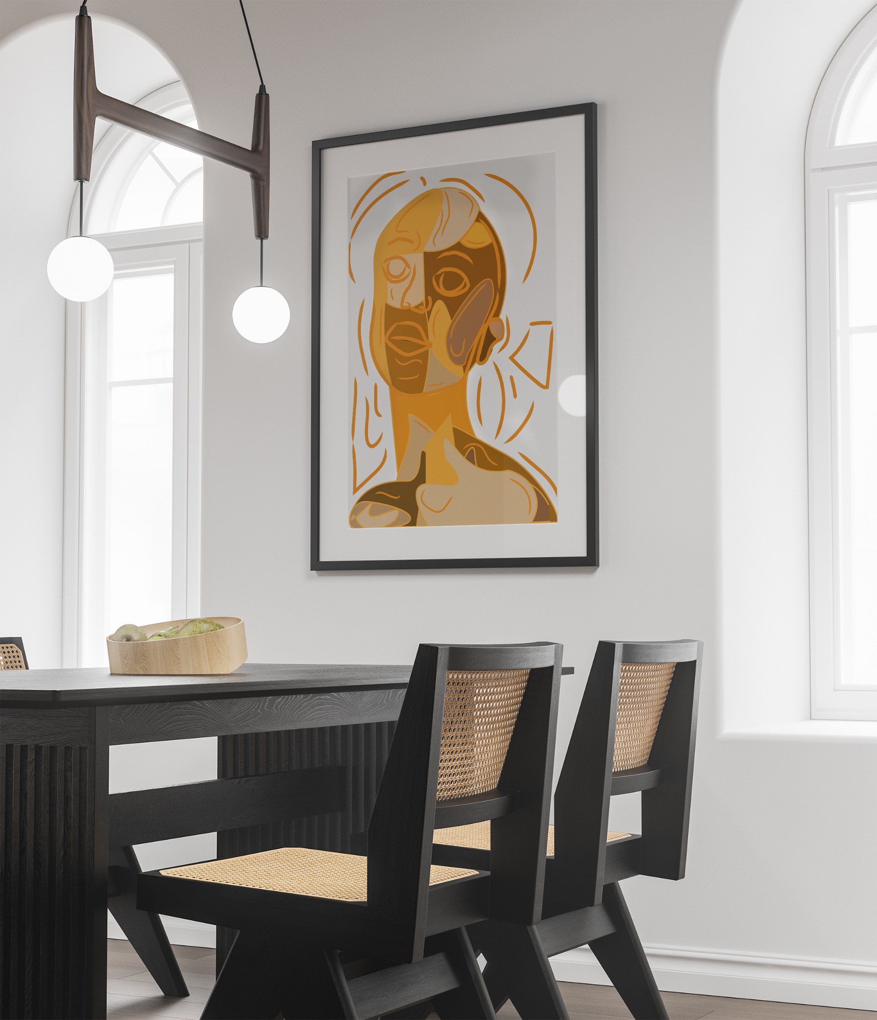 Nowoczesna jadalnia z czarnym stołem i krzesłami z rattanowym siedziskiem, na ścianie wisi abstrakcyjny portret w odcieniach brązu i beżu, oświetlona wiszącą lampą z dwiema białymi kulami.