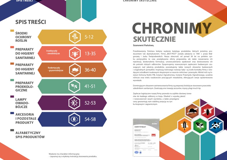Strona katalogu firmy BEST-PEST prezentująca spis treści z podziałem na środki ochrony roślin, preparaty do higieny sanitarnej - owadobójcze i gryzoniobójcze, preparaty proekologiczne, lampy...