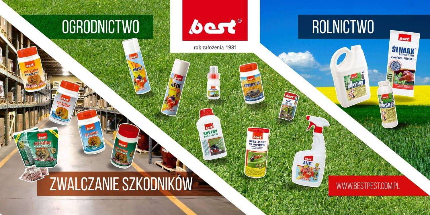 Kompozycja produktów do zwalczania szkodników w ogrodnictwie i rolnictwie, podzielona na trzy sekcje: magazyn z produktami na gryzonie, trawnik z produktami na owady i chwasty, pole z produktami...