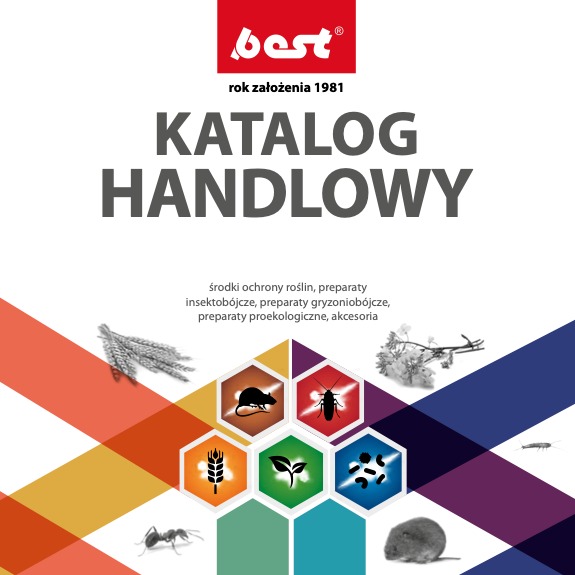 Okładka katalogu handlowego firmy Best z 1981 roku, prezentująca środki ochrony roślin, preparaty owadobójcze i gryzoniobójcze, z ikonami szczura, karalucha, mrówek i myszy w kolorowych heksagonach.