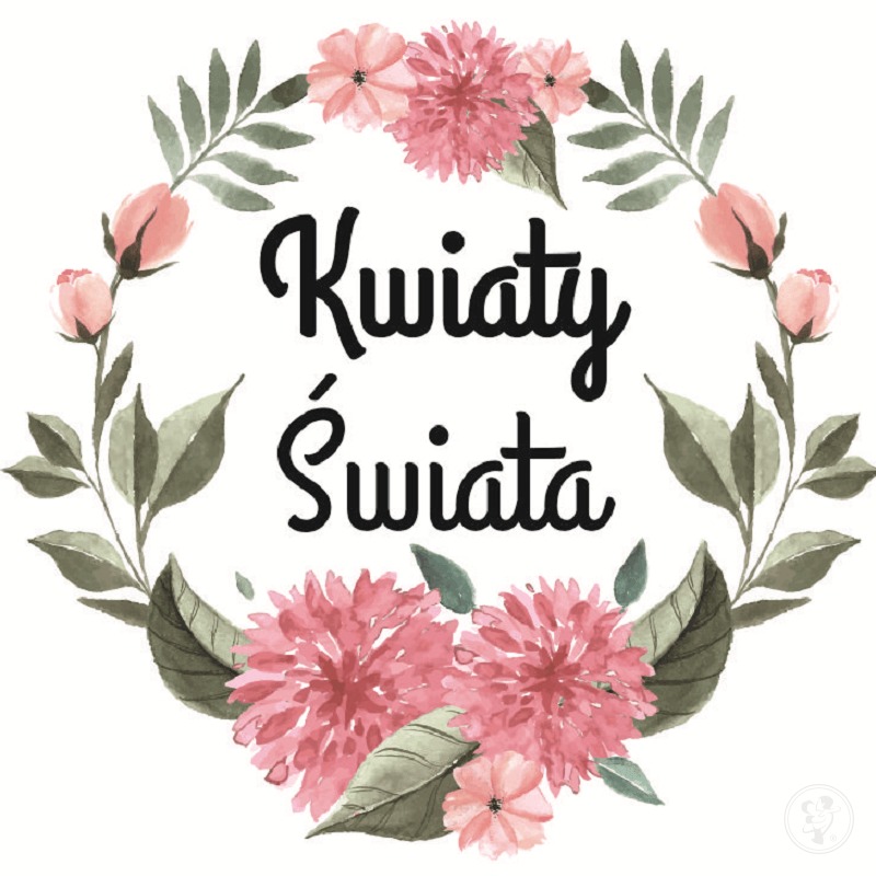 Grafika akwarelowa: wieniec z różowych kwiatów i zielonych liści otaczający napis 'Kwiaty Świata' czarną, ozdobną czcionką.