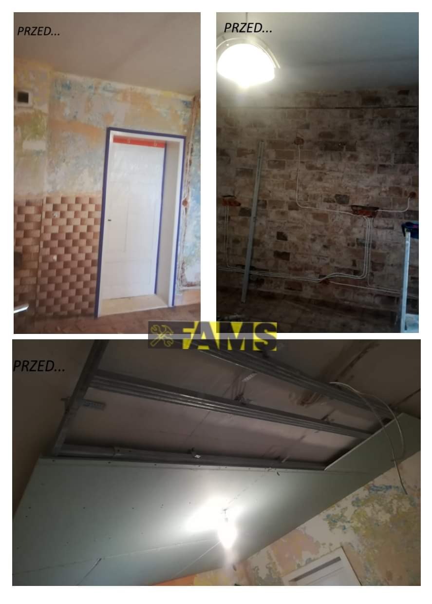 Kompozycja trzech ujęć 'przed' remontem: ściana z resztkami tapety i odmalowaną futryną, surowa ceglana ściana z kablami i metalową konstrukcją, oraz fragment sufitu z widoczną konstrukcją...