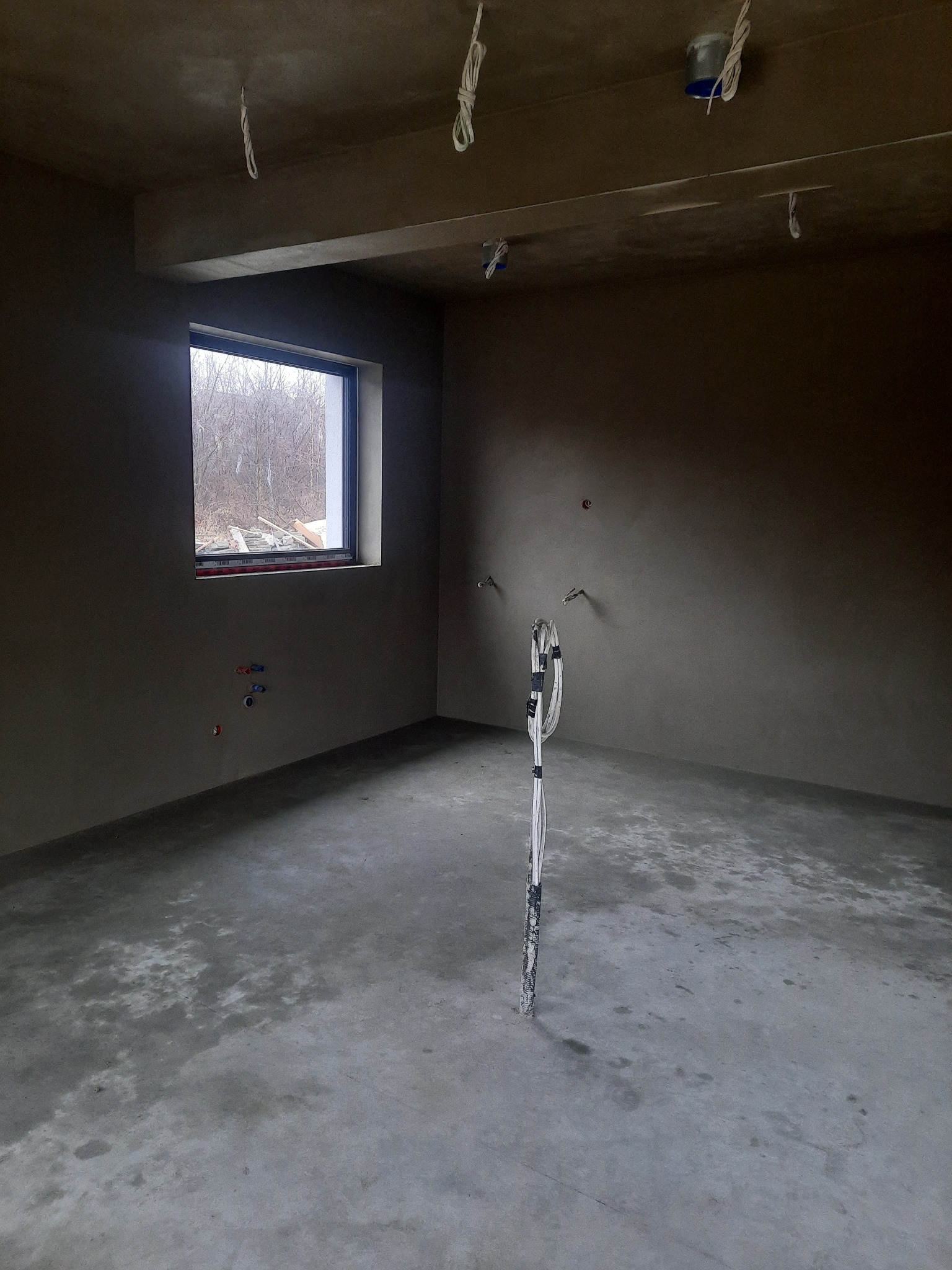 Surowe wnętrze po nałożeniu tynków: widoczne szare ściany, betonowa podłoga z plamami wilgoci, okno z widokiem na drzewa bez liści, wystające kable ze ściany i sufitu.