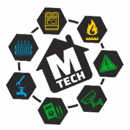 Logo firmy M Tech w kształcie domu otoczone ikonami usług: kuchenka, płomień gazu, znak napięcia, kamera monitoringu, miernik elektryczny, kran i grzejnik.