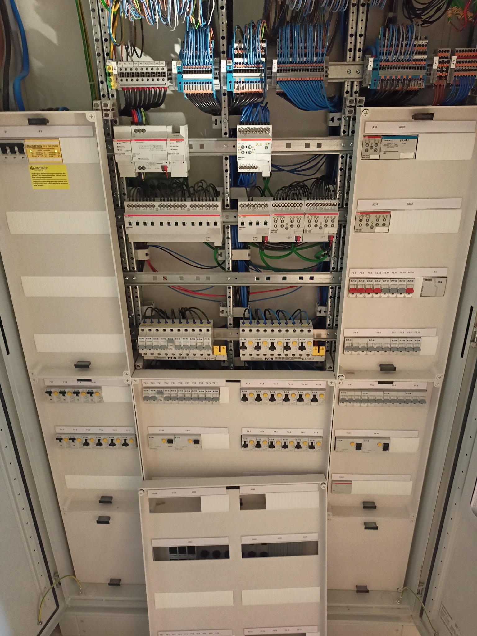 Otwarta skrzynka rozdzielcza z widocznymi bezpiecznikami, przewodami i modułami, uporządkowane okablowanie wewnątrz, widok z dołu na górę.