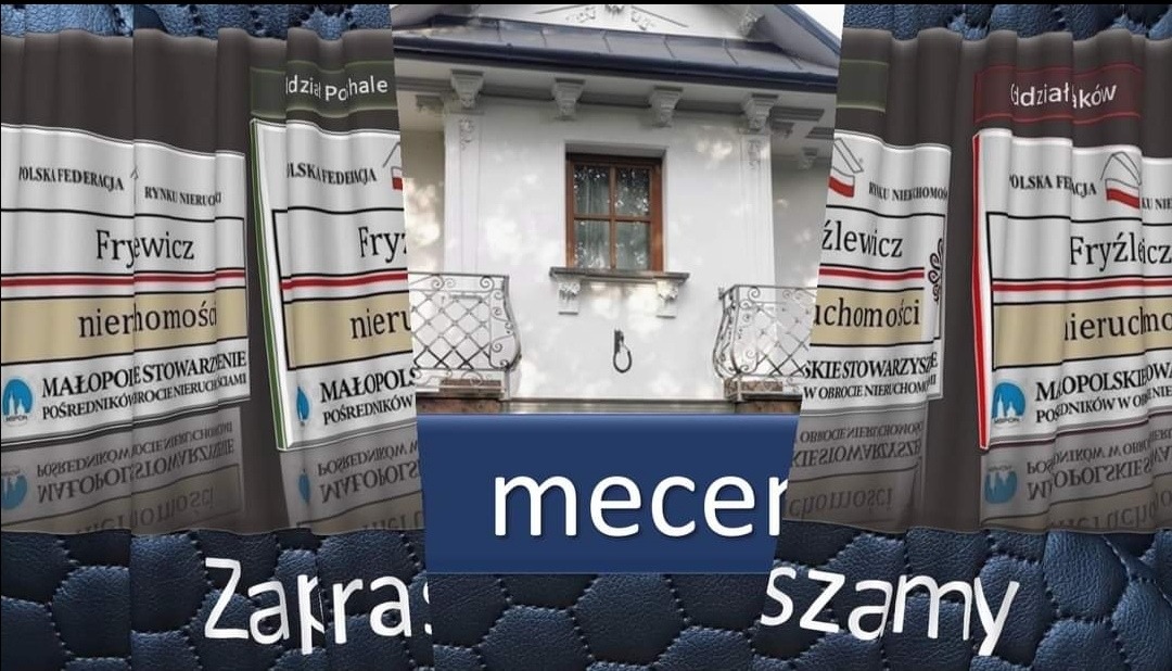 Grafika przedstawiająca fragment fasady budynku z oknem, otoczonego wirtualnymi wizytówkami agentów nieruchomości z Małopolskiego Stowarzyszenia Pośredników w Obrocie Nieruchomościami, na tle...