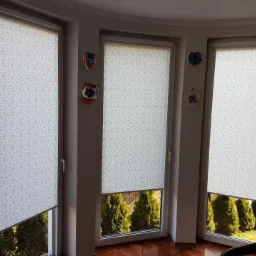 Trzy okna z zamontowanymi roletami w kolorze jasnoszarym z delikatnym wzorem kwiatowym, dekoracje ceramiczne na ścianie między oknami, widok na zielone tuje za oknem.