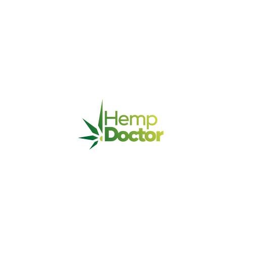 Logo firmy Hemp Doctor z zielonym liściem konopi i nazwą firmy w gradientowym zielonym kolorze.