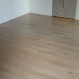 Jasny, nowo ułożony parkiet laminowany w pustym pokoju z białą ścianą i jasnymi drzwiami z przeszkleniami.