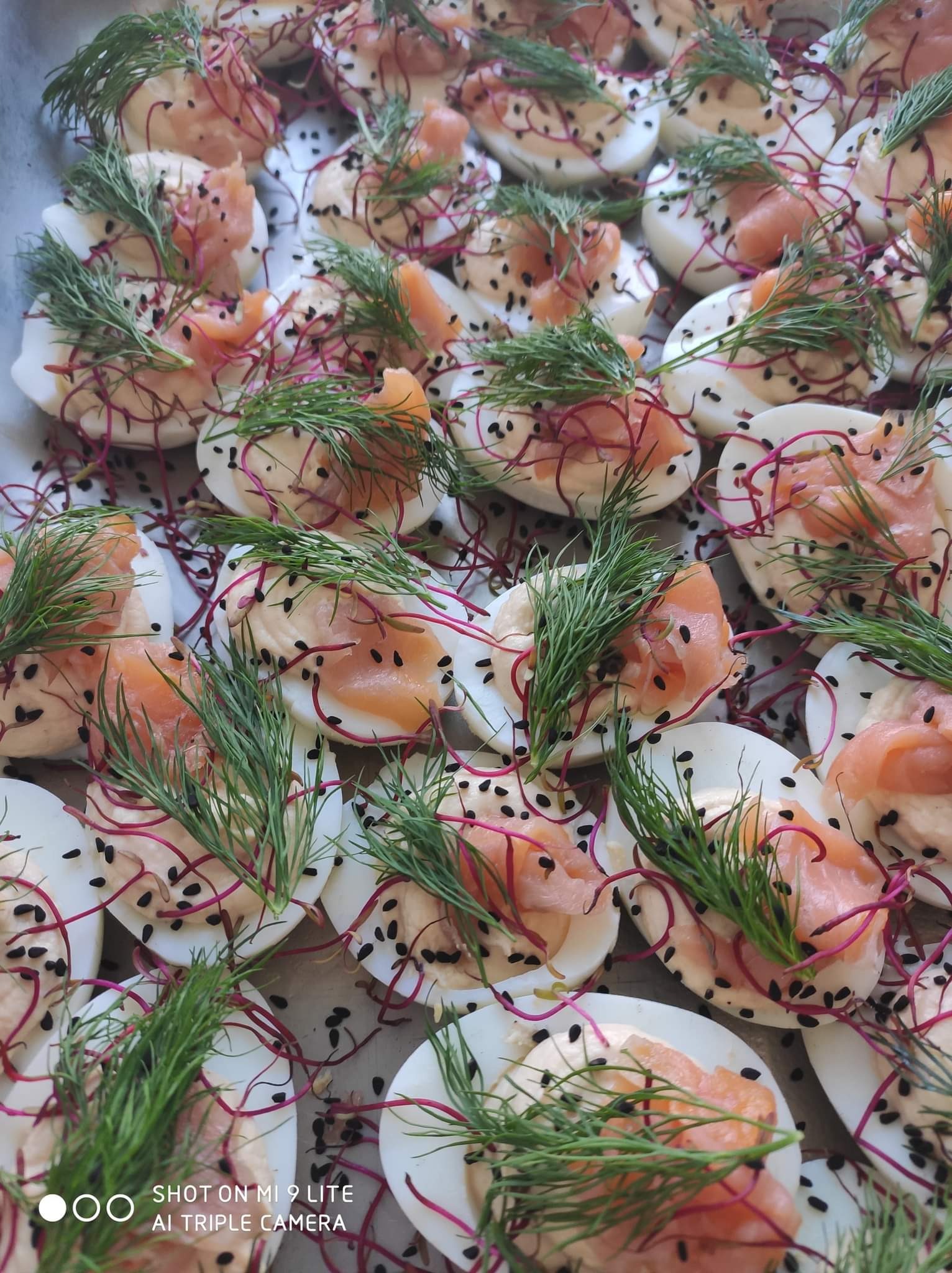 Dekoracyjnie podane połówki jajek z łososiem, koperkiem i kiełkami buraka na jasnym tle, posypane czarnym sezamem.