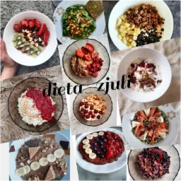 Kompozycja z różnych ujęć posiłków w miseczkach i na talerzach: owsianki z owocami, sałatka ze szpinakiem i ciecierzycą, naleśnik z bananami i jagodami. Całość w formie kolażu z napisem 'dieta...