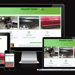 Daron - Responsywna strona internetowa firmy 'Beulendoktor Spandau' wyświetlana na monitorze, laptopie, tablecie i smartfonie. Widoczne zdjęcia naprawianych samochodów, dane kontaktowe i logo firmy.