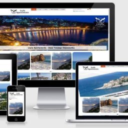 Daron - Responsywna strona internetowa 'Leyla Apartaments' wyświetlana na monitorze, laptopie, tablecie i smartfonie, prezentująca widoki na morze i miasto.