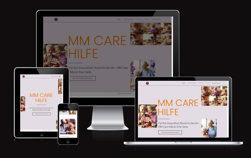 Responsywna strona internetowa MM Care Hilfe wyświetlana na monitorze, laptopie, tablecie i smartfonie na czarnym tle.