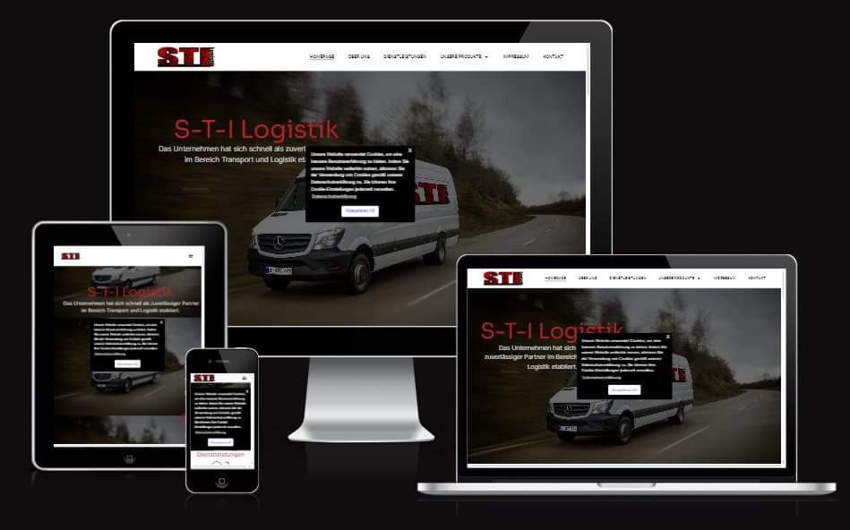 Responsywna strona internetowa firmy logistycznej wyświetlana na monitorze, laptopie, tablecie i smartfonie, z widocznym komunikatem o plikach cookie.