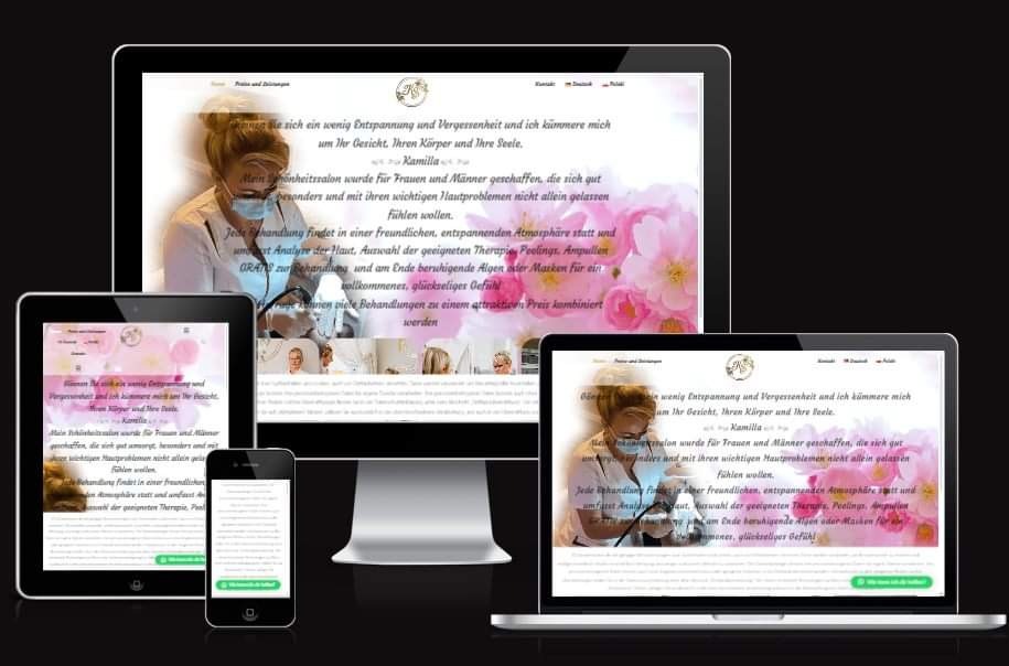 Responsywna strona internetowa salonu kosmetycznego wyświetlana na monitorze, laptopie, tablecie i smartfonie, prezentująca ofertę zabiegów pielęgnacyjnych i relaksacyjnych.