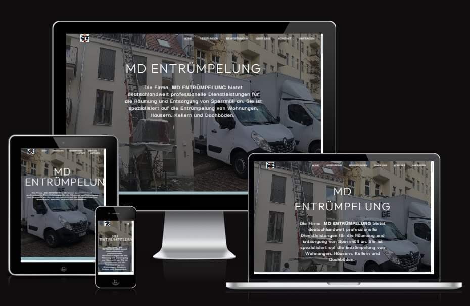 Responsywna strona internetowa firmy MD Entrümpelung, wyświetlona na monitorze, laptopie, tablecie i smartfonie, prezentująca usługi porządkowania i utylizacji odpadów.
