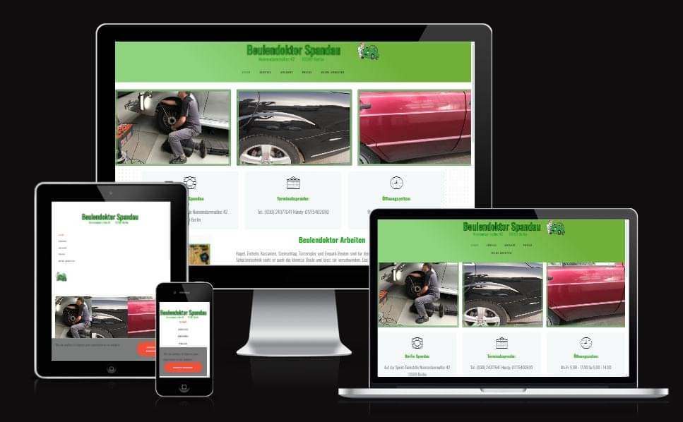 Responsywna strona internetowa firmy 'Beulendoktor Spandau' wyświetlana na monitorze, laptopie, tablecie i smartfonie. Widoczne zdjęcia naprawianych samochodów, dane kontaktowe i logo firmy.