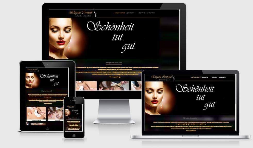 Responsywna strona internetowa 'Elegant Cosmetic' wyświetlona na desktopie, laptopie, tablecie i smartfonie, prezentująca usługi kosmetyczne z hasłem 'Schönheit tut gut'.