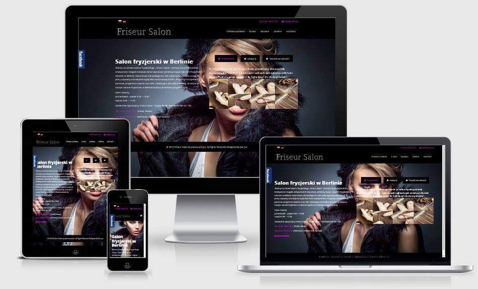 Responsywna strona internetowa salonu fryzjerskiego na monitorze, laptopie, tablecie i smartfonie, prezentująca ten sam projekt w różnych rozdzielczościach.