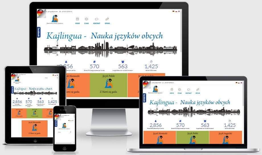 Responsywna strona internetowa Kajlingua do nauki języków obcych, wyświetlona na monitorze, laptopie, tablecie i smartfonie, prezentująca statystyki i dostępne języki.