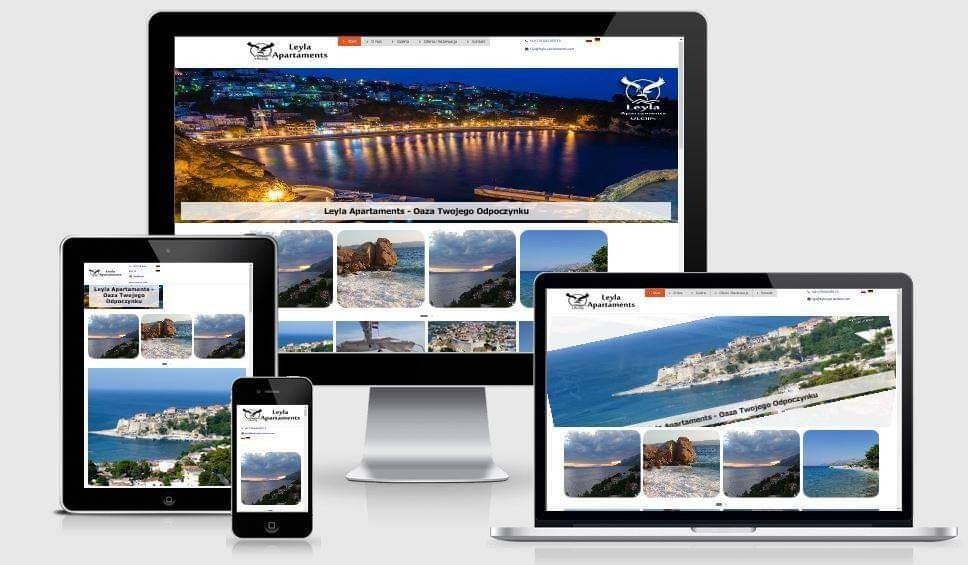 Responsywna strona internetowa 'Leyla Apartaments' wyświetlana na monitorze, laptopie, tablecie i smartfonie, prezentująca widoki na morze i miasto.
