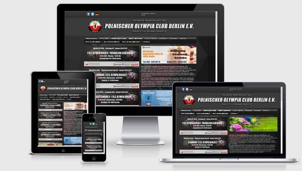 Responsywna strona internetowa Polskiego Klubu Olimpia Berlin E.V. wyświetlana na monitorze, laptopie, tablecie i smartfonie, prezentująca spójny wygląd na różnych urządzeniach.