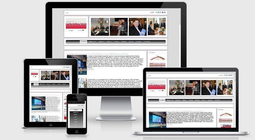 Responsywna strona internetowa Magazynu Polonia wyświetlana na monitorze, laptopie, tablecie i smartfonie.
