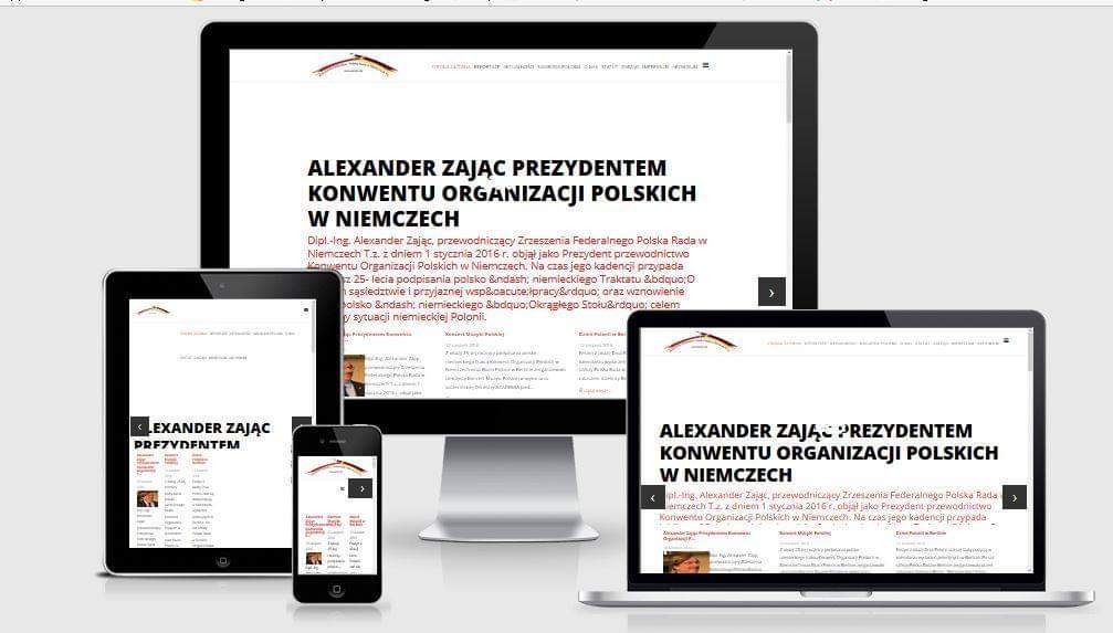 Responsywna strona internetowa na ekranie monitora, laptopa, tabletu i smartfona, prezentująca tekst 'Alexander Zając Prezydentem Konwentu Organizacji Polskich w Niemczech'.