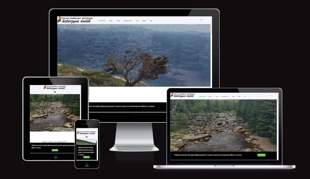 Responsywna strona internetowa 'katarzyna dudek' wyświetlana na monitorze, laptopie, tablecie i smartfonie, prezentująca krajobrazy górskie i leśne.