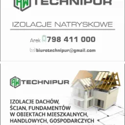 Wizytówka firmy Technipur z logo, numerem telefonu, adresem e-mail oraz informacją o izolacjach natryskowych dachów, ścian i fundamentów pianami zamknięto- i otwartokomórkowymi w różnych typach...