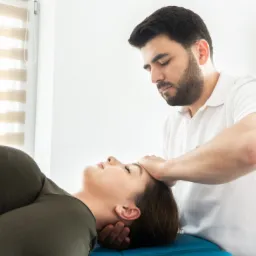 Mężczyzna w białej koszulce polo wykonuje masaż głowy kobiety leżącej na niebieskim stole do masażu w jasnym gabinecie.