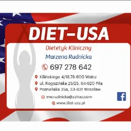 Wizytówka dietetyka klinicznego Marzeny Rudnickiej z adresem, numerem telefonu i adresem e-mail, stylizowana na flagę USA.