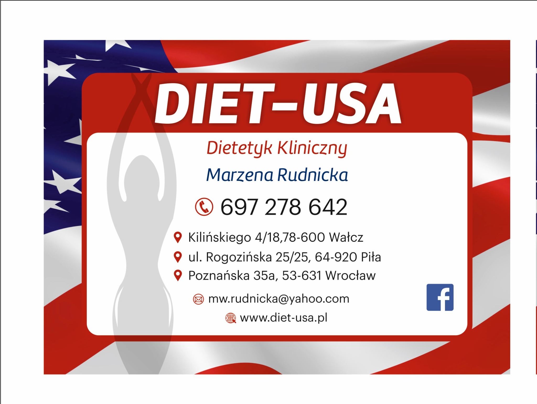 Wizytówka dietetyka klinicznego Marzeny Rudnickiej z adresem, numerem telefonu i adresem e-mail, stylizowana na flagę USA.