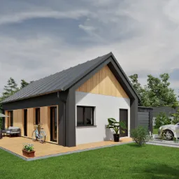 Wizualizacja nowoczesnego domu jednorodzinnego z szarą dachówką, drewnianą elewacją i tarasem, na którym stoi błękitny rower i meble ogrodowe, z samochodem zaparkowanym obok