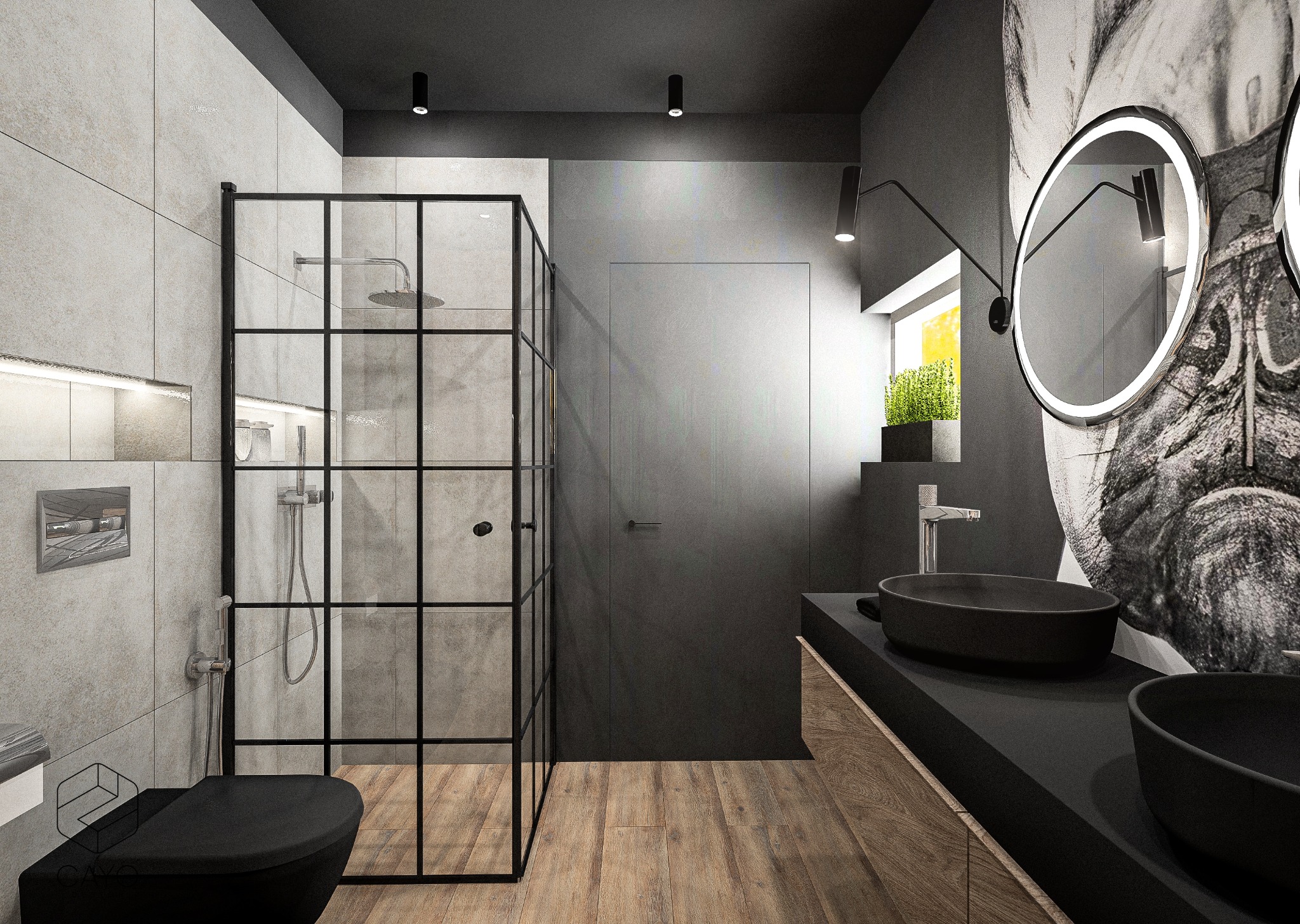 Nowoczesna łazienka z czarną armaturą, kabiną prysznicową typu walk-in z czarnymi profilami, drewnianą podłogą i okrągłym lustrem z podświetleniem LED.