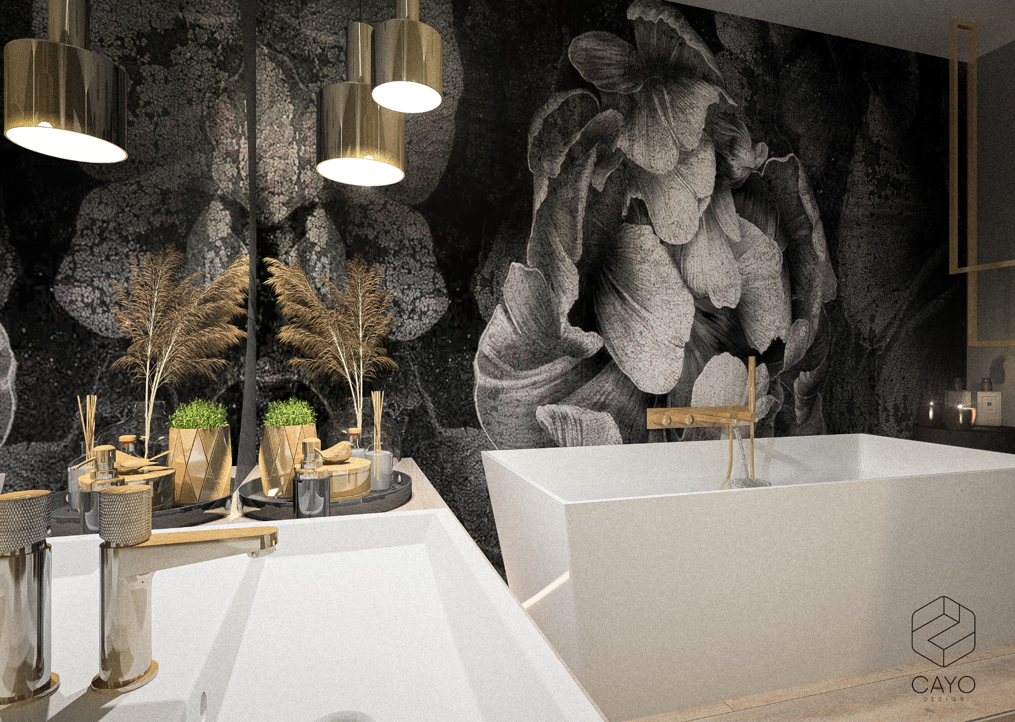 Nowoczesna łazienka z białą wanną, umywalką i złotymi akcentami, na tle ściany z motywem kwiatowym i designerskimi lampami.